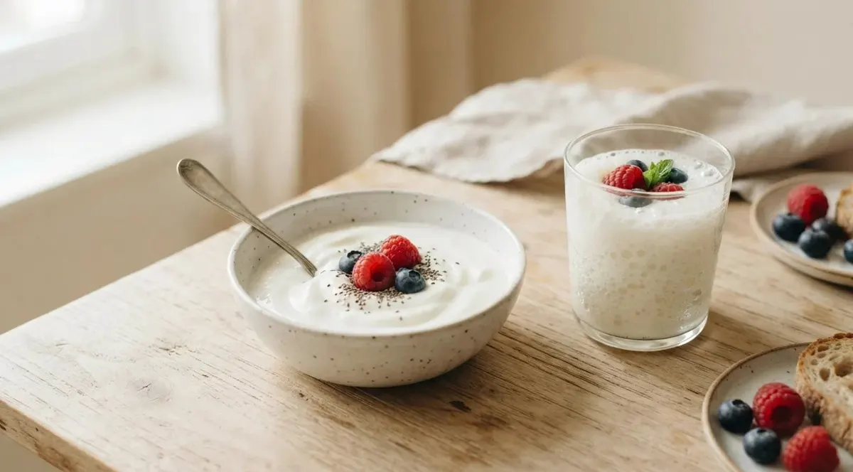 Un bol de yaourt nature aux fruits rouges et un verre de kéfir sur une table