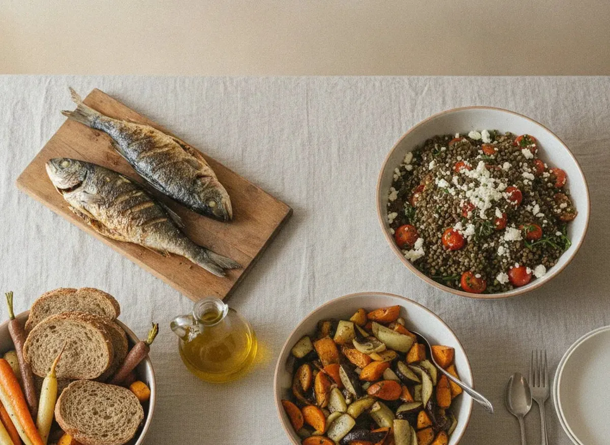 Une table de repas anti-inflammatoire : poisson grillé, salade de lentilles, légumes rôtis, pain complet et huile d'olive