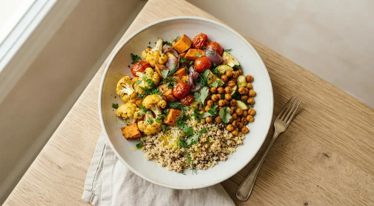 Un bol de légumes rôtis, pois chiches et céréales posé sur une table en bois