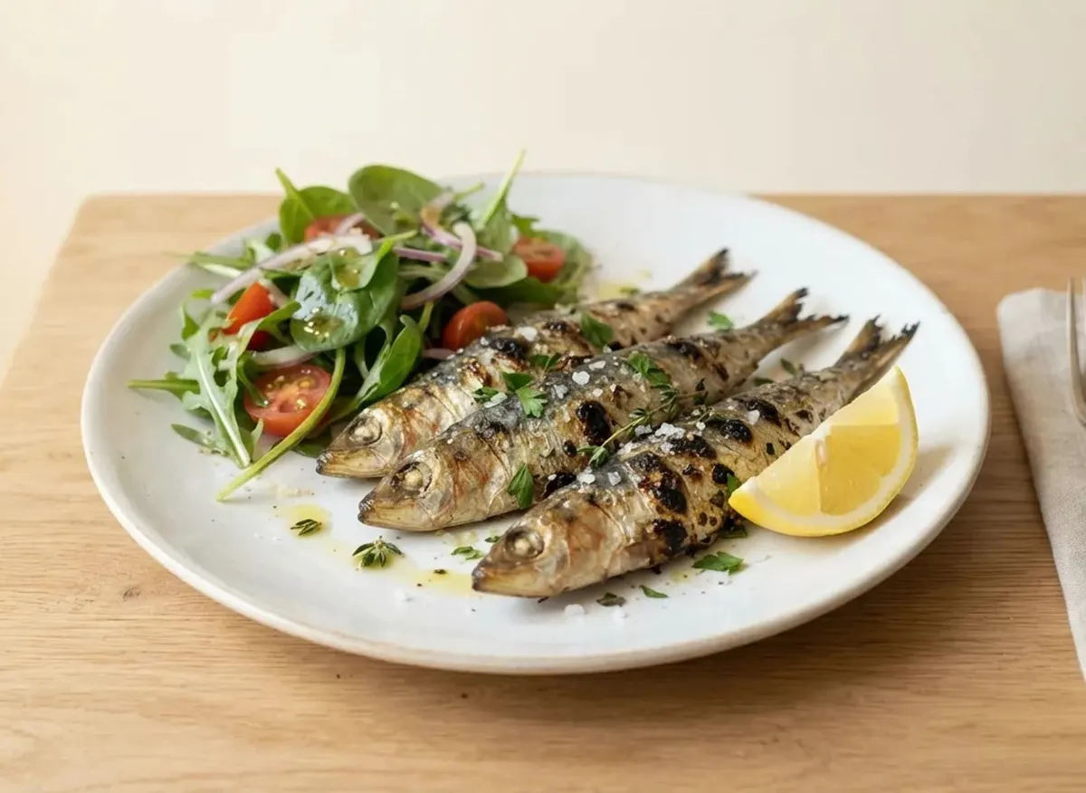 Des sardines grillées avec de la roquette et un quartier de citron