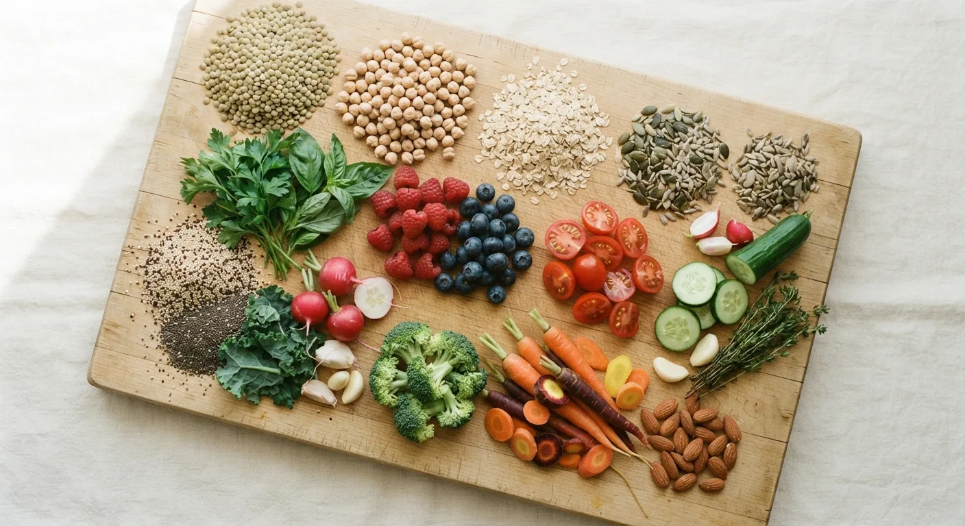 Assortiment varié de légumes, légumineuses, céréales complètes, graines et herbes disposés sur une planche