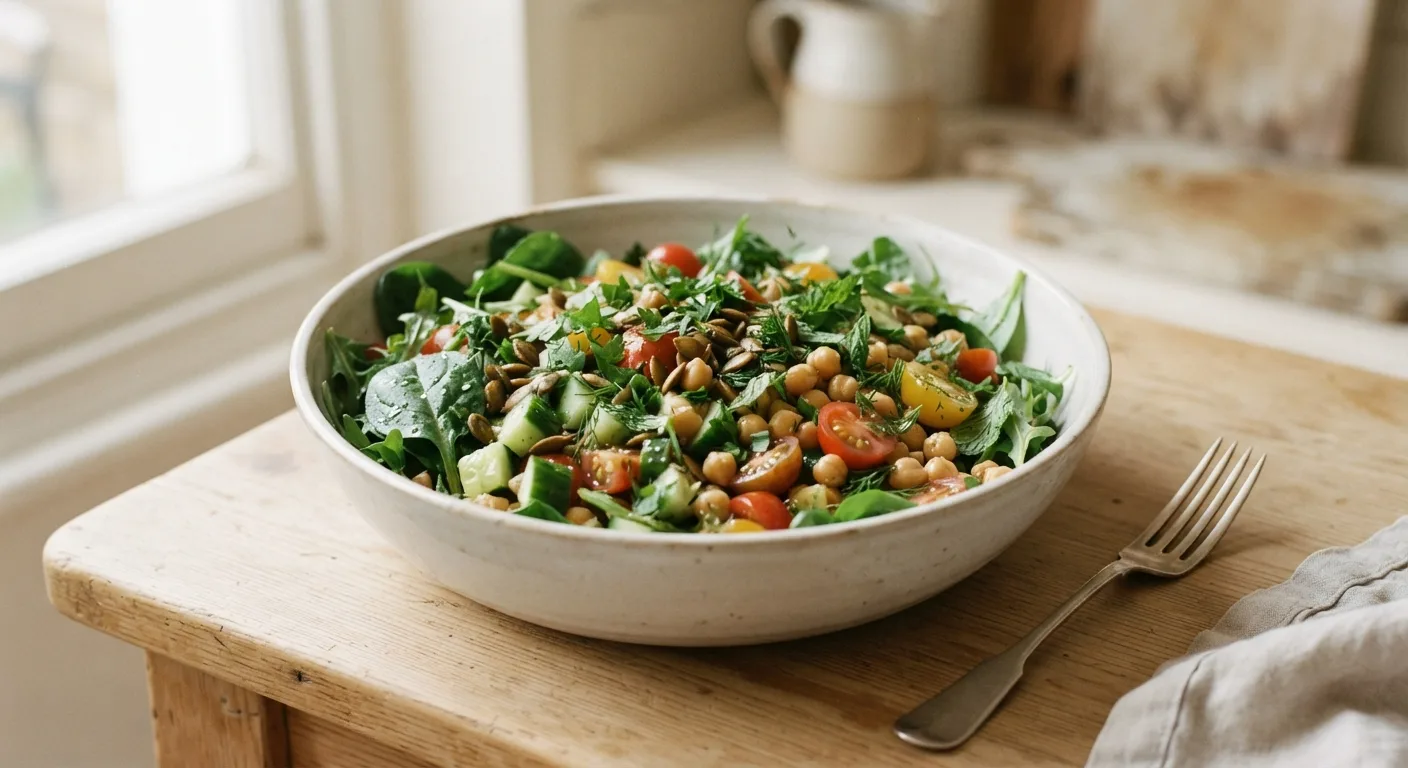 Une salade composée dans un bol réunissant légumes, pois chiches, graines de courge et herbes fraîches