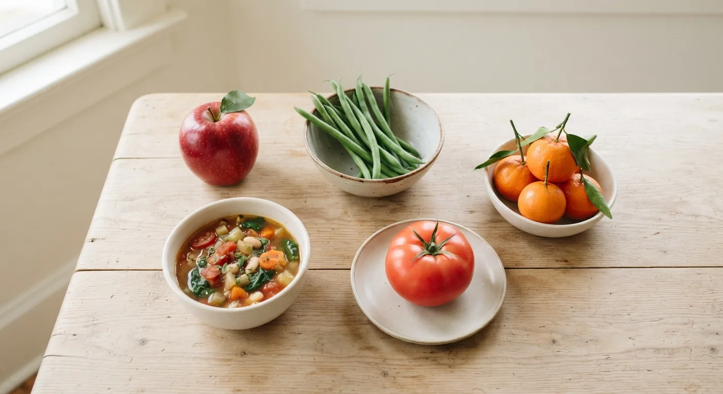 Cinq portions de fruits et légumes disposées sur une table, réparties comme sur une journée de repas
