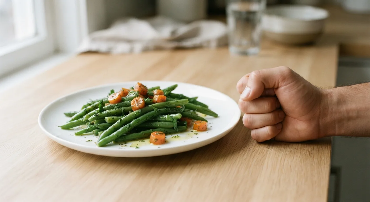 Une portion de légumes posée à côté d'un poing fermé pour donner l'échelle