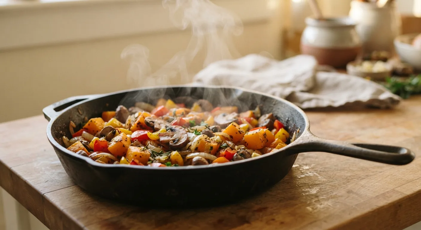 Une poêlée de légumes d'automne avec des oignons fondus et de l'ail