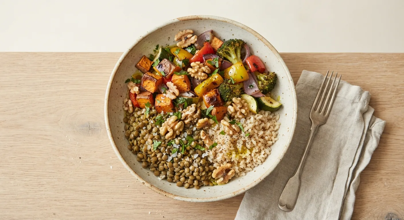 Bol de lentilles, légumes rôtis et céréales complètes préparé pour un repas du quotidien