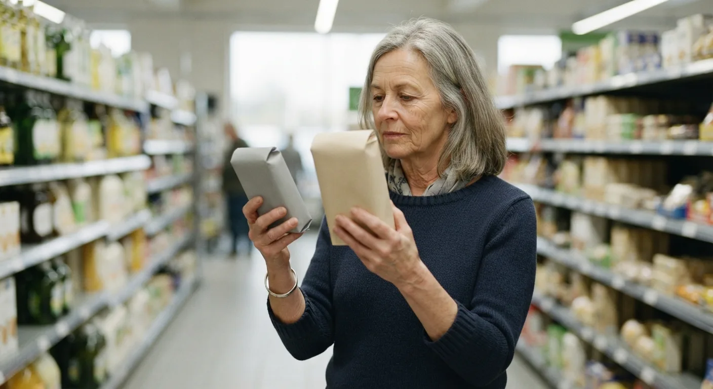 Personne comparant la composition de deux produits alimentaires dans un rayon de supermarché
