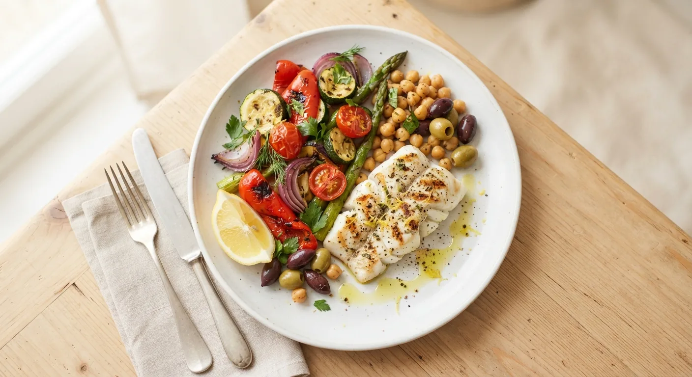 Assiette de type méditerranéen vue de dessus, garnie de légumes, de légumineuses, de poisson et d'un filet d'huile d'olive