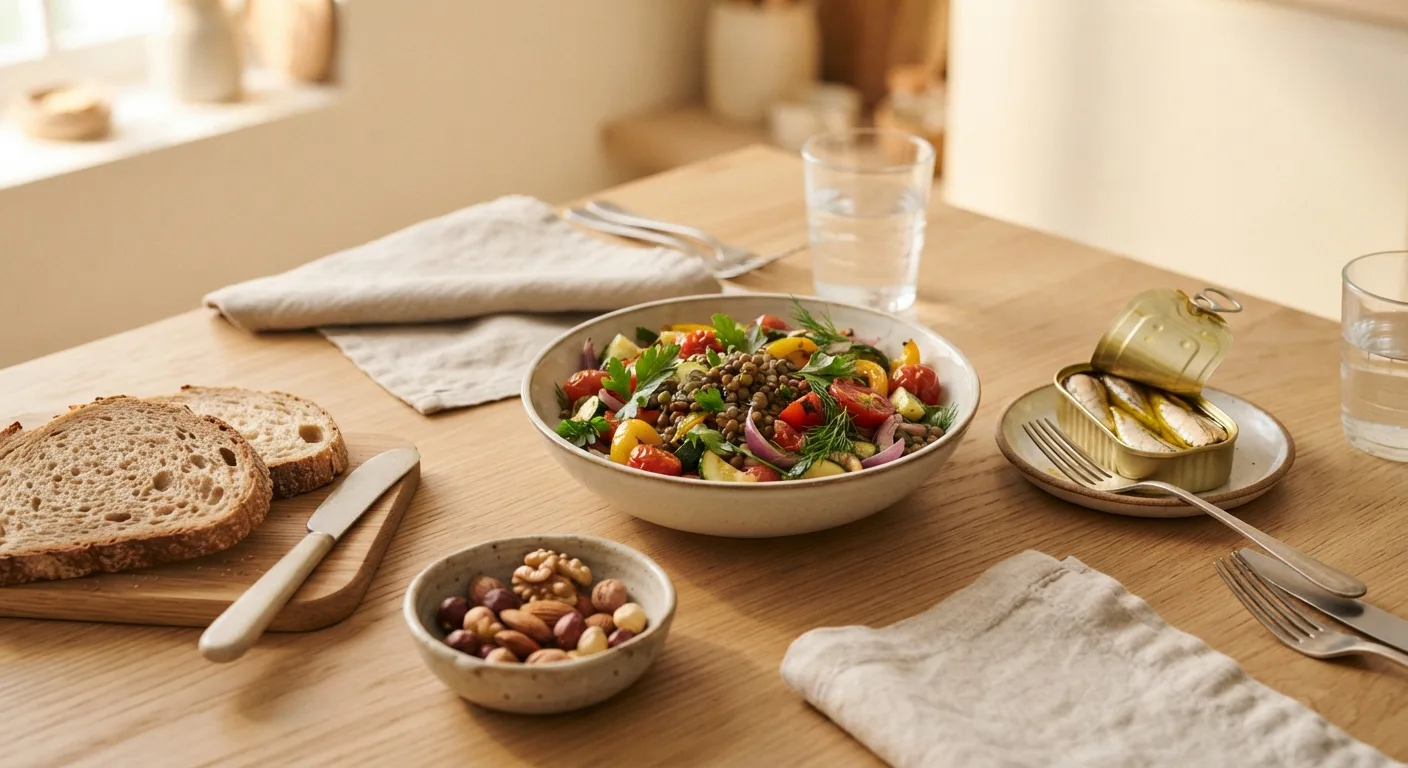 Une table de cuisine avec une salade de lentilles aux légumes colorés, une boîte de sardines, du pain complet et un bol de noix