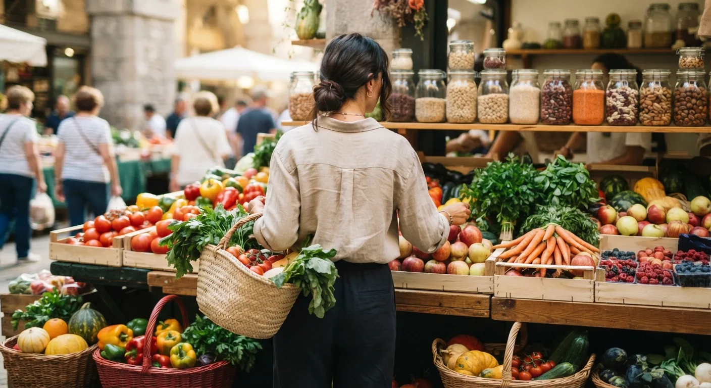 Une personne de dos remplissant un panier de fruits, de légumes et de légumineuses sur un marché