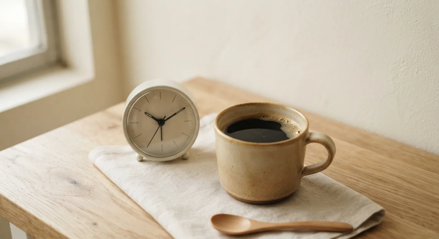 Une tasse de café posée à côté d'un réveil indiquant le milieu d'après-midi