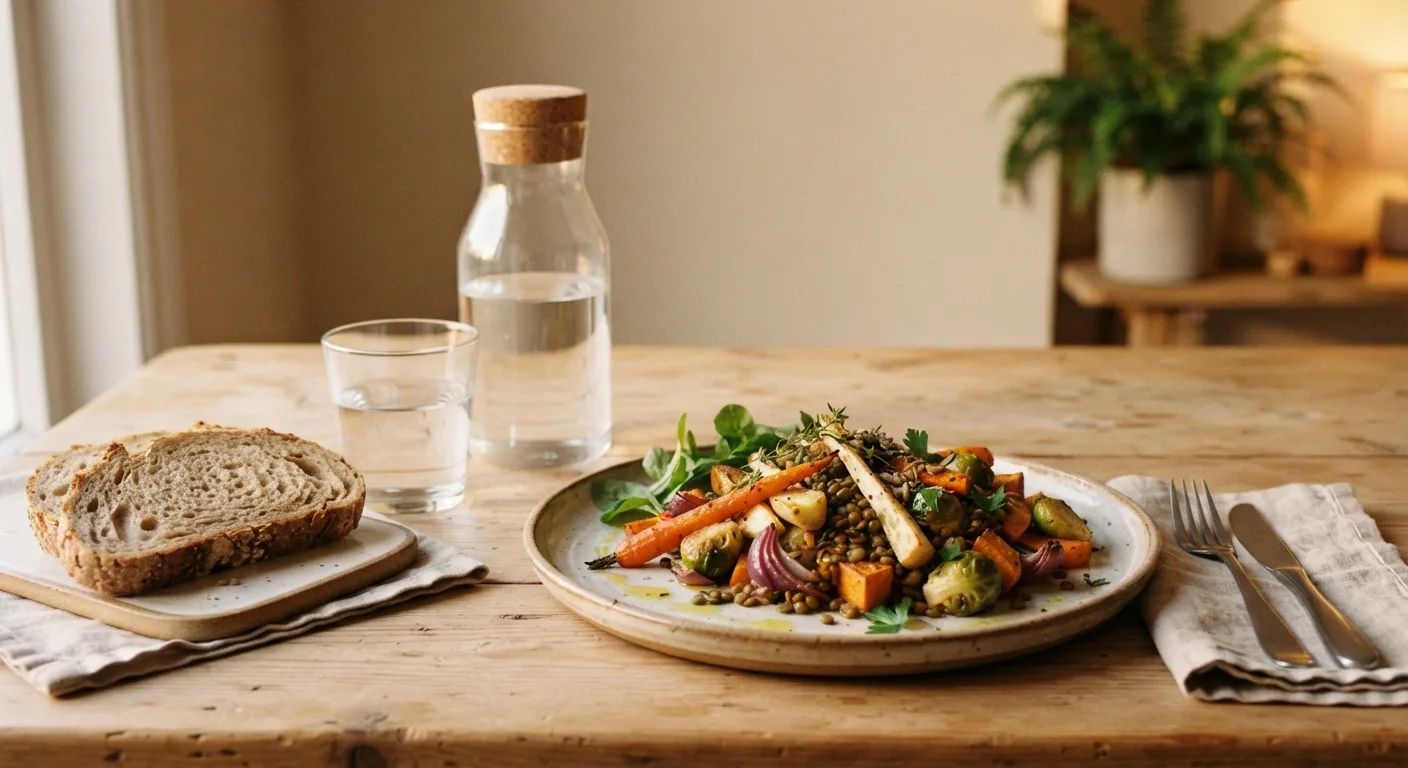 Une table de dîner simple avec des légumes, des lentilles et du pain complet dans une lumière de fin de journée