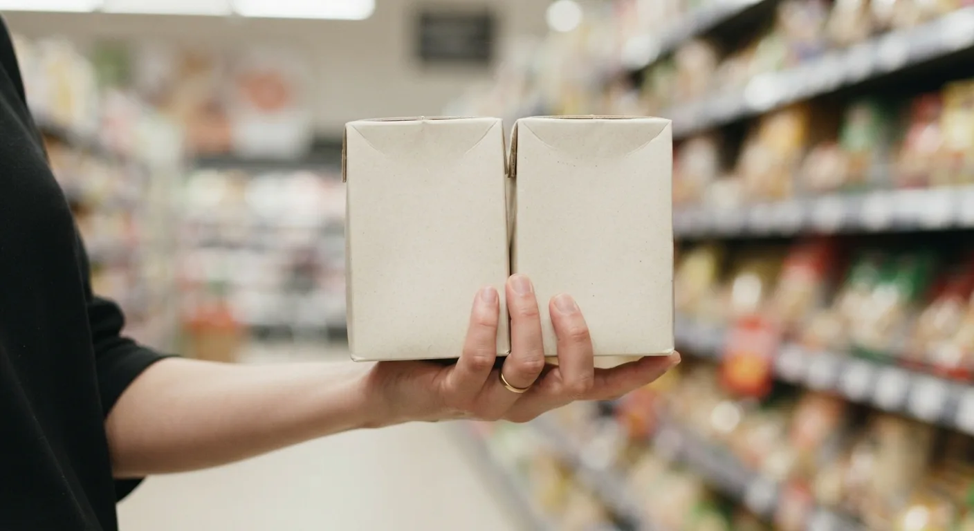 Une main comparant deux briques de soupe côte à côte dans un rayon de supermarché