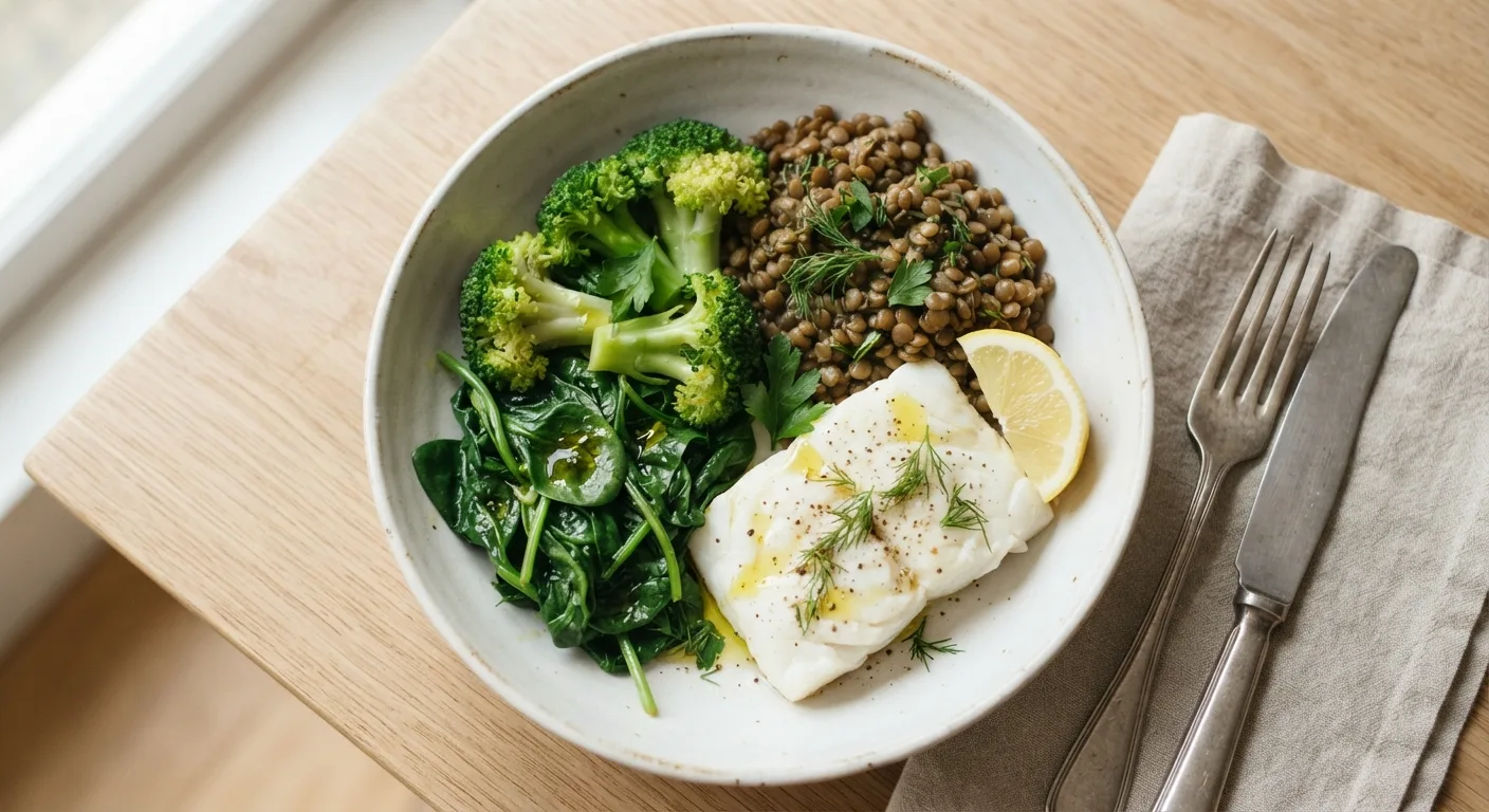 Une assiette composée de légumes verts, de lentilles et de poisson posée sur une table de cuisine