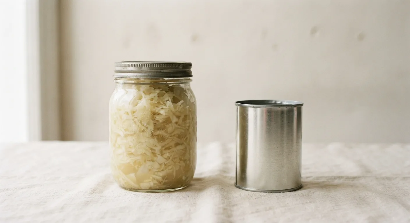 Un bocal de choucroute crue du rayon frais posé à côté d'une conserve de choucroute pasteurisée