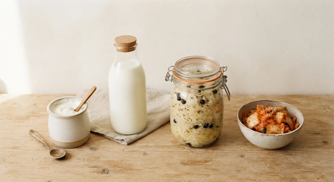 Plusieurs aliments fermentés du quotidien disposés sur un plan de travail : yaourt nature, kéfir, choucroute crue et kimchi