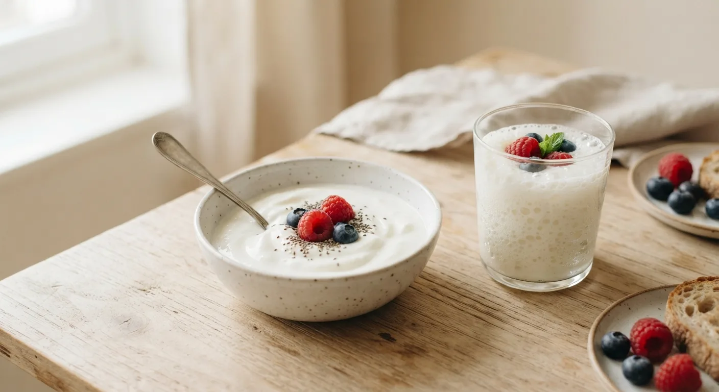 Bol de yaourt nature et verre de kéfir posés sur une table claire au petit-déjeuner