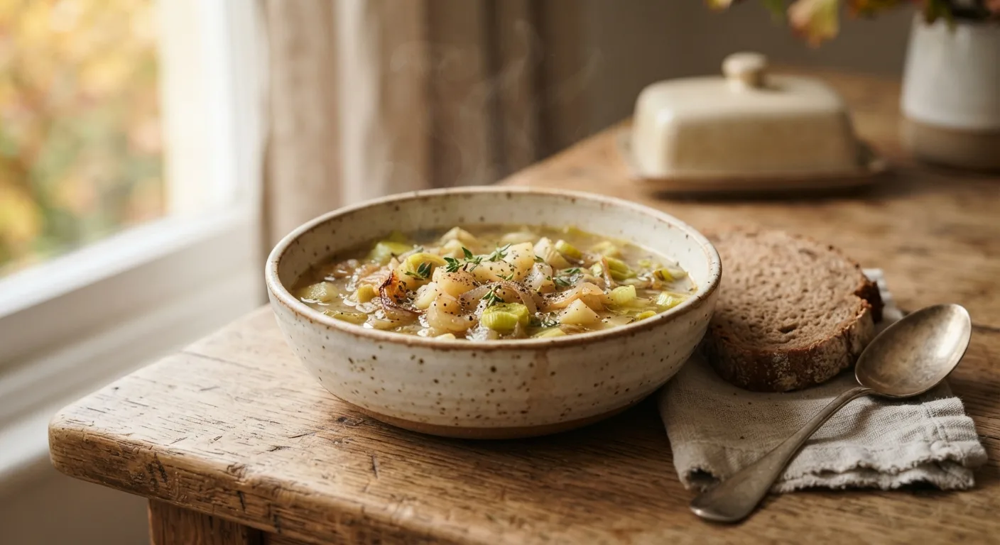 Un bol de soupe poireau-oignon fumante avec une tranche de pain de seigle
