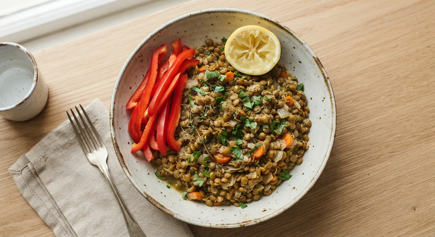 Une assiette de lentilles accompagnée de lamelles de poivron rouge cru et d'un quartier de citron