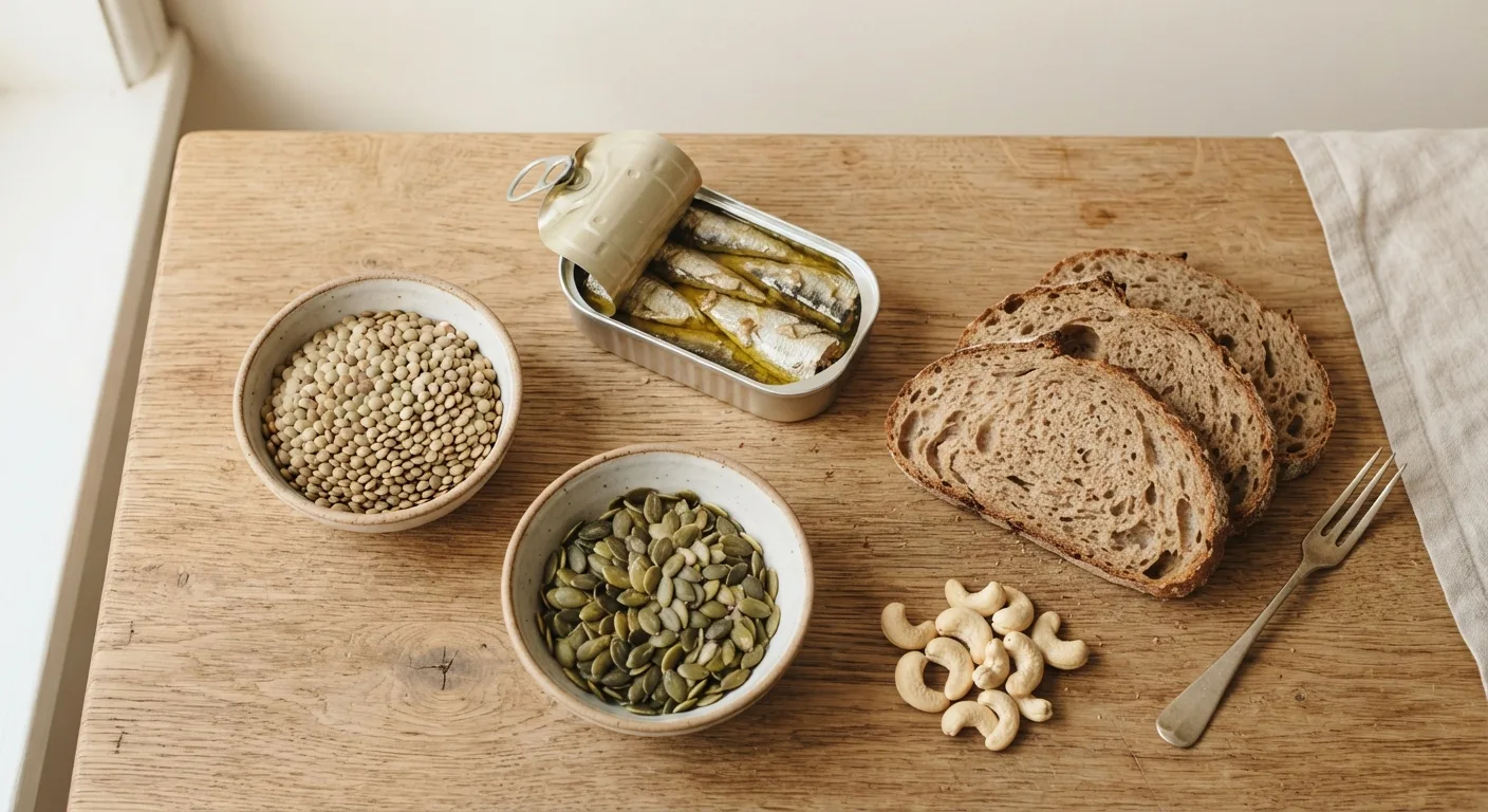 Sources alimentaires de fer disposées sur un plan de travail, dont sardines, lentilles, graines de courge et pain complet