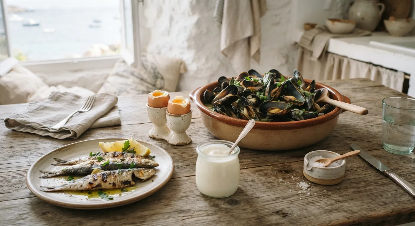 Des aliments riches en iode réunis sur une table en bois, sardines, moules, œufs et yaourt