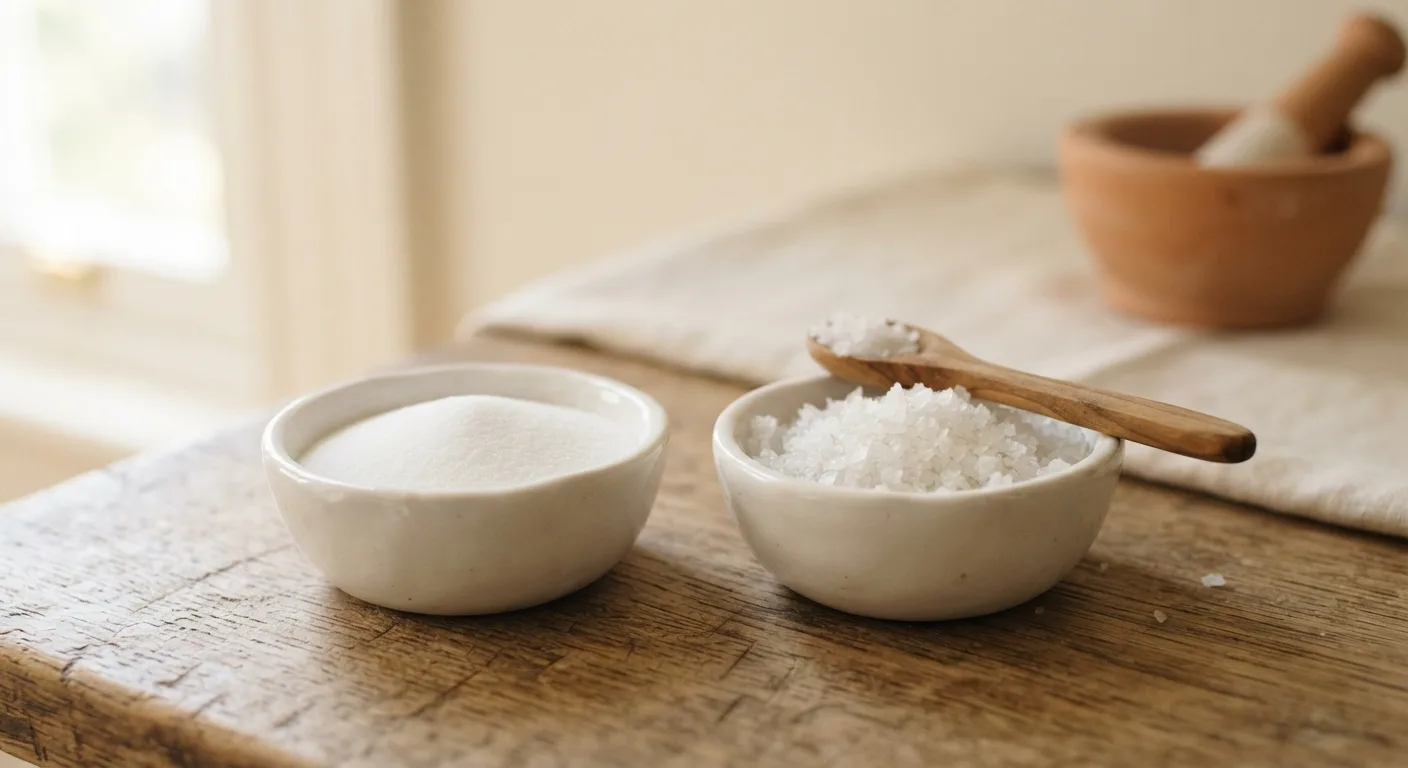 Deux coupelles de sel côte à côte, l'une de sel fin de table, l'autre de fleur de sel en cristaux