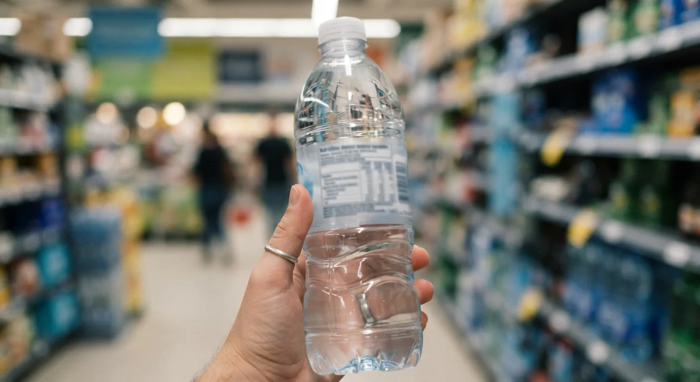 Une bouteille d'eau minérale tenue en main, tableau de composition visible au dos