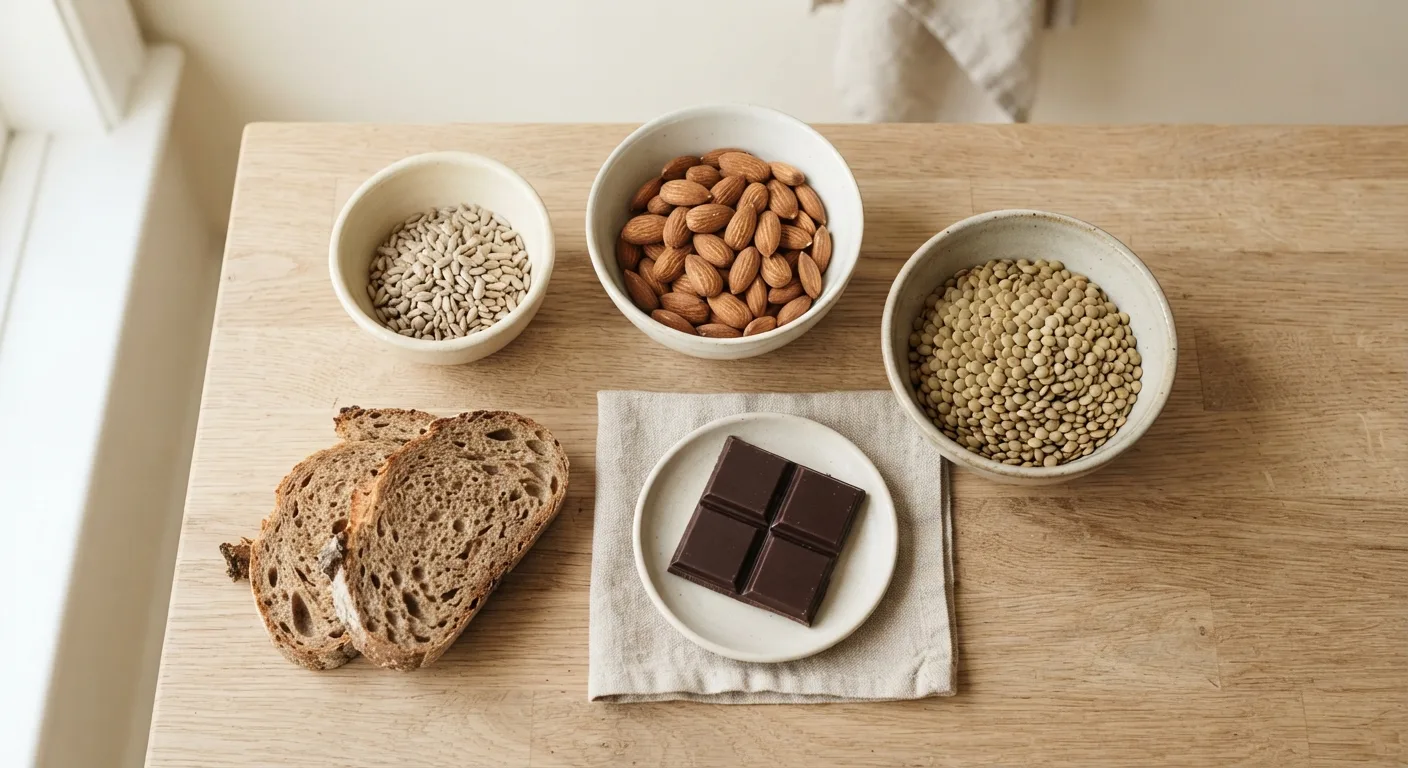 Un plan de travail avec un bol de graines, des amandes, des lentilles, des carrés de chocolat noir et du pain complet