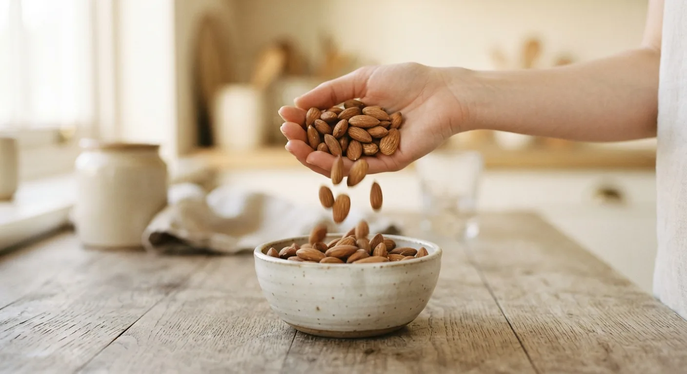 Une poignée d'amandes dans le creux d'une main au-dessus d'un bol