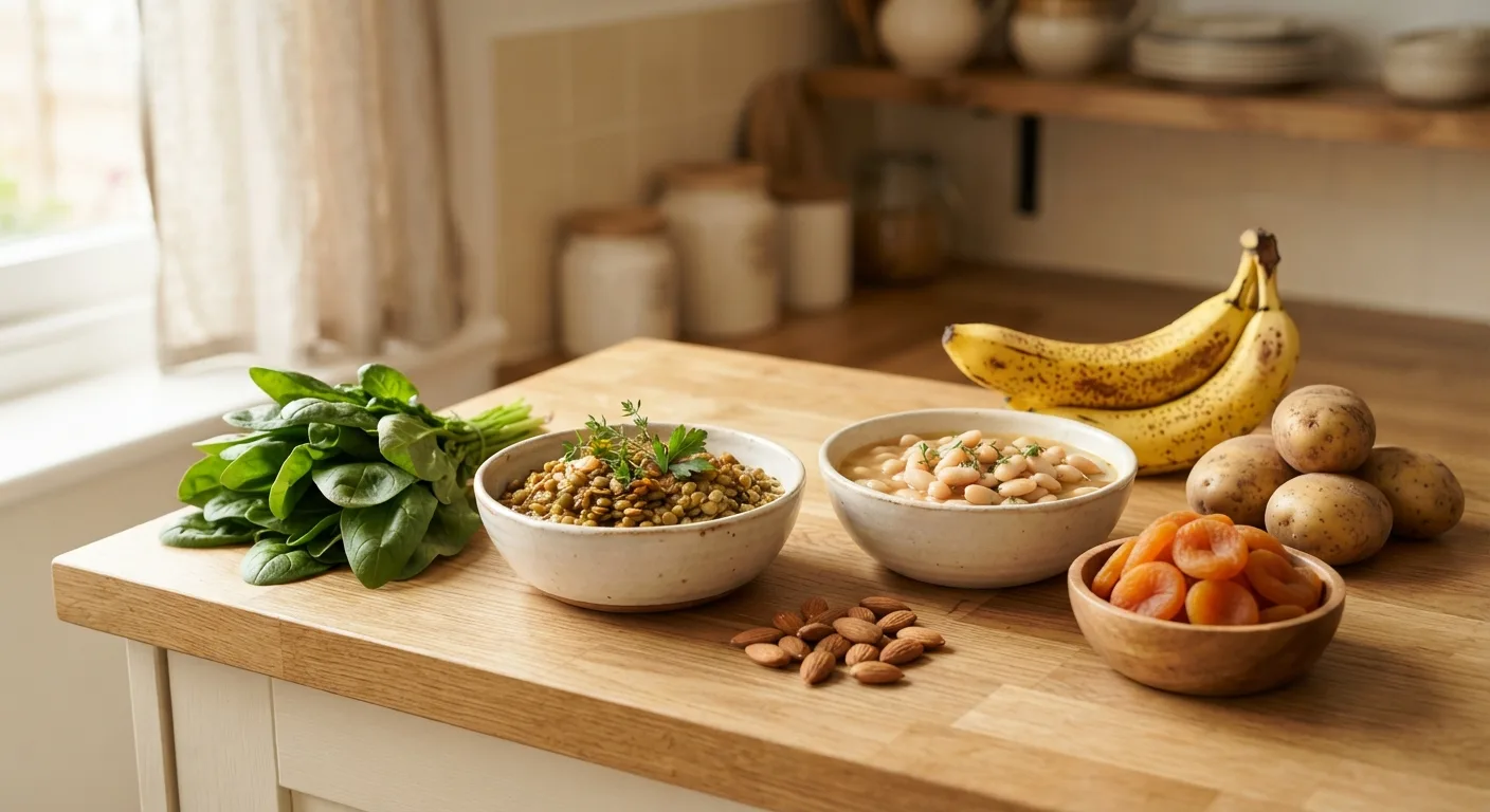 Des lentilles, des haricots blancs, des bananes, des abricots secs, des pommes de terre, des épinards et des amandes sur un plan de travail