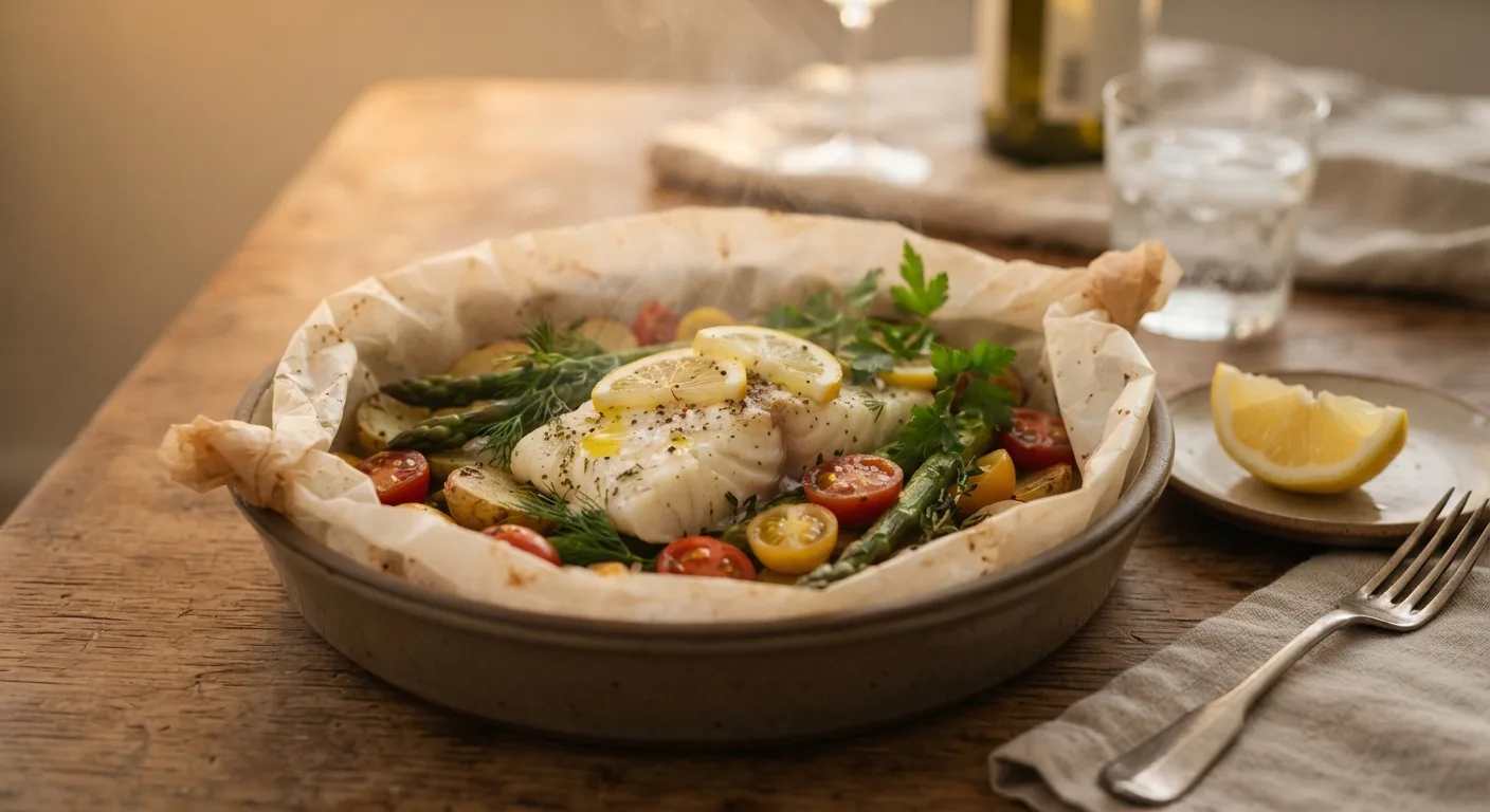 Une papillote de poisson ouverte avec des pommes de terre et des légumes dans un plat sur la table