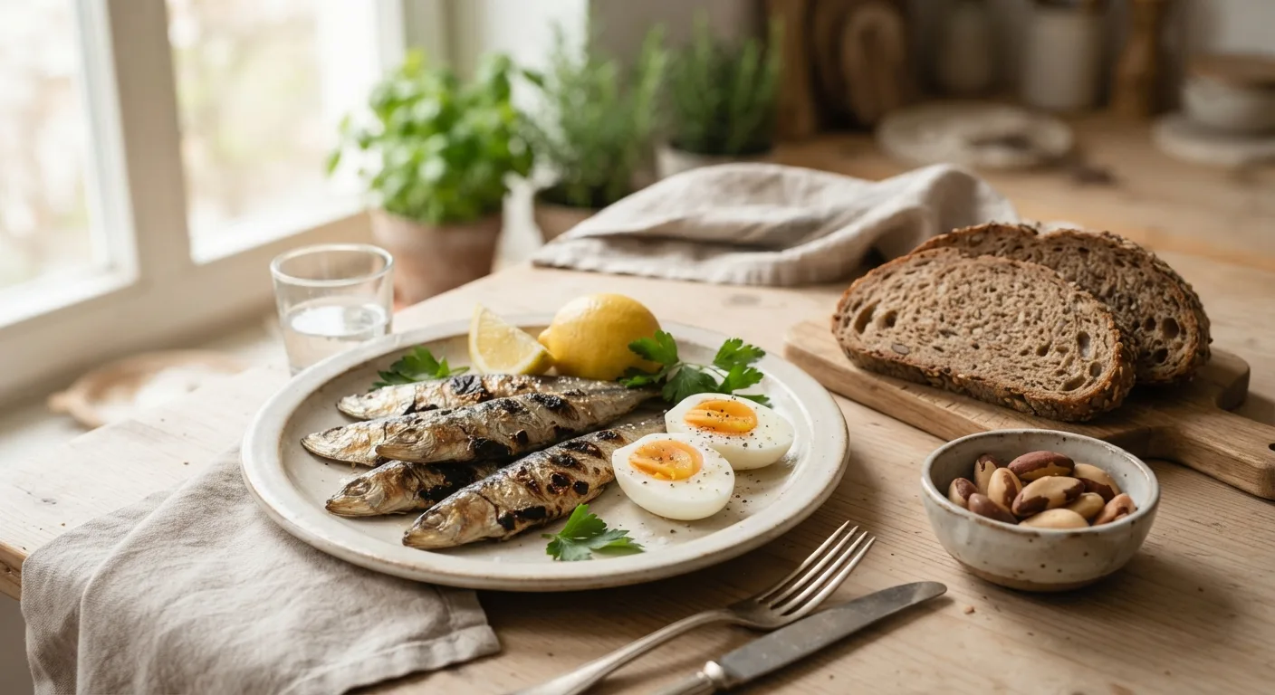 Des aliments riches en sélénium sur une table en bois, sardines, œufs durs, pain complet et noix du Brésil