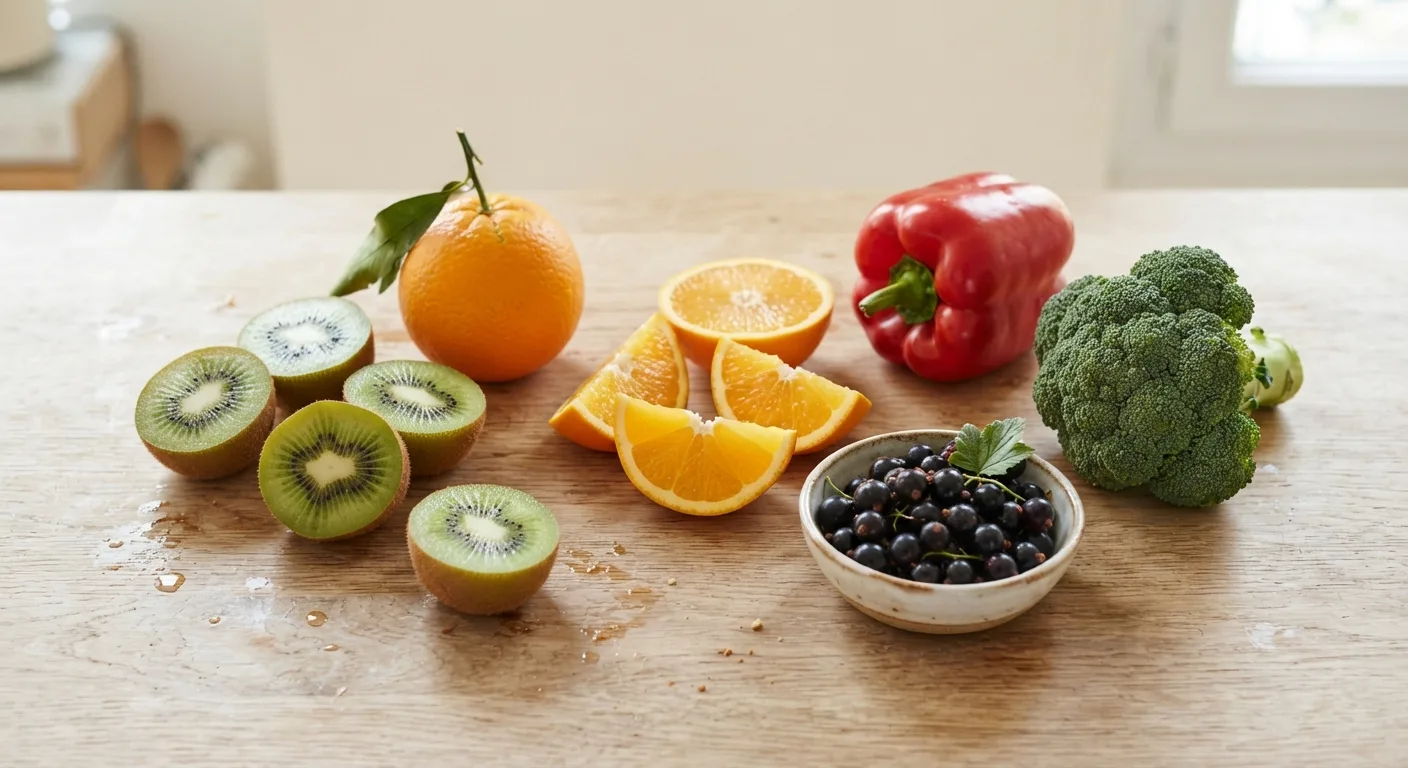 Vue de dessus d'un plan de travail avec des kiwis coupés, une orange, un poivron rouge, un brocoli et du cassis