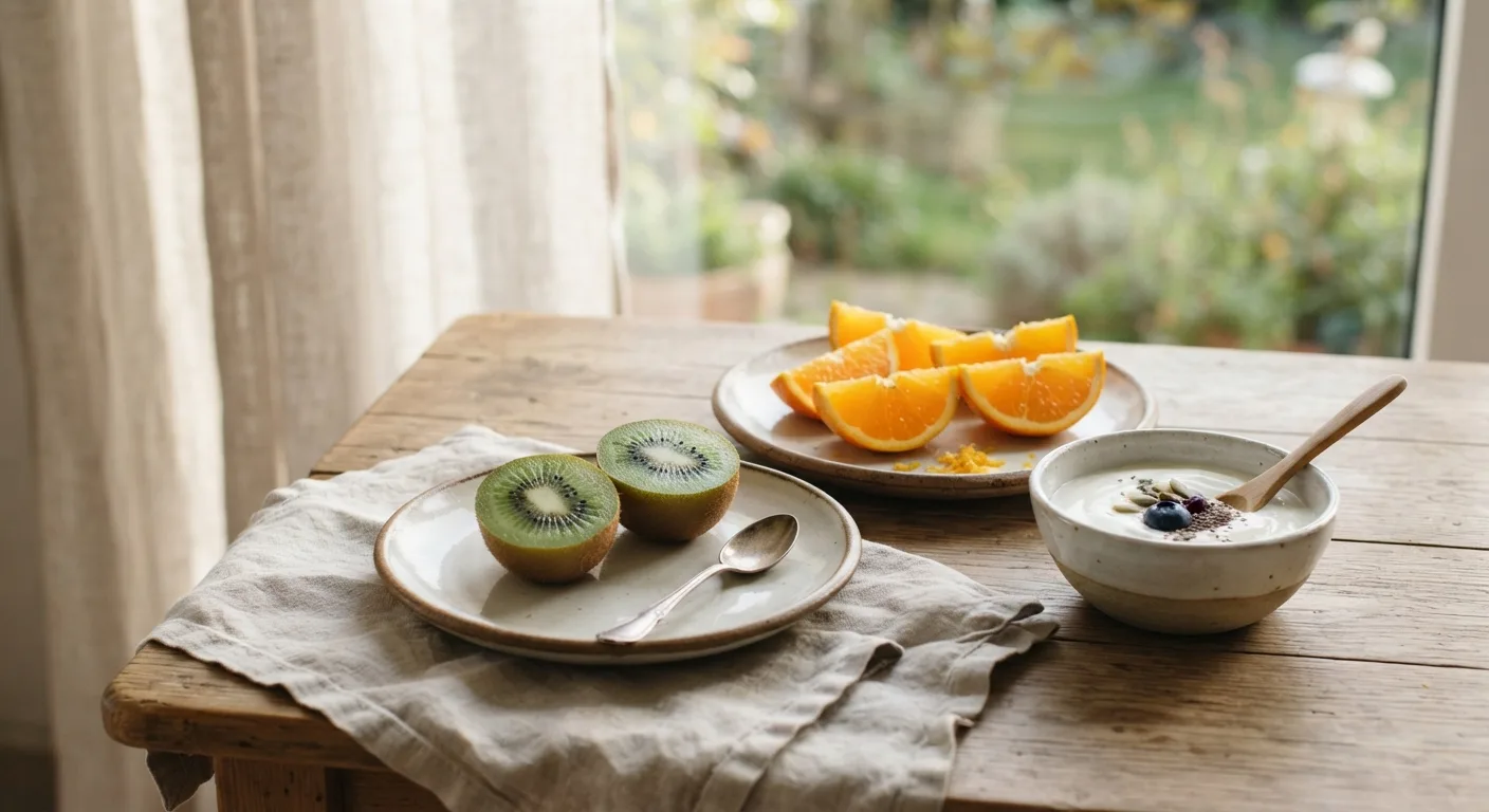 Un petit-déjeuner avec un kiwi coupé en deux et une orange en quartiers à côté d'un bol de yaourt