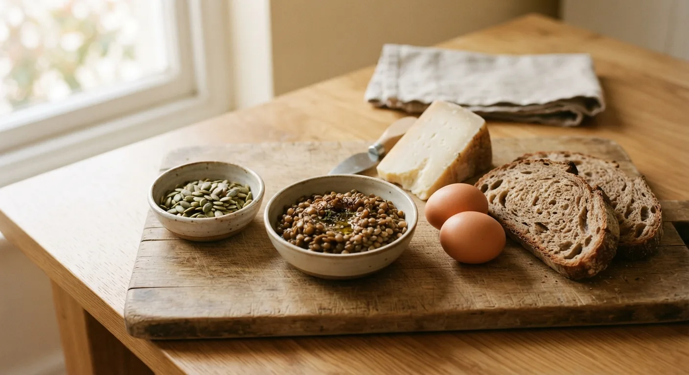Des graines de courge, des lentilles, du fromage à pâte dure, des œufs et du pain au levain sur une planche en bois