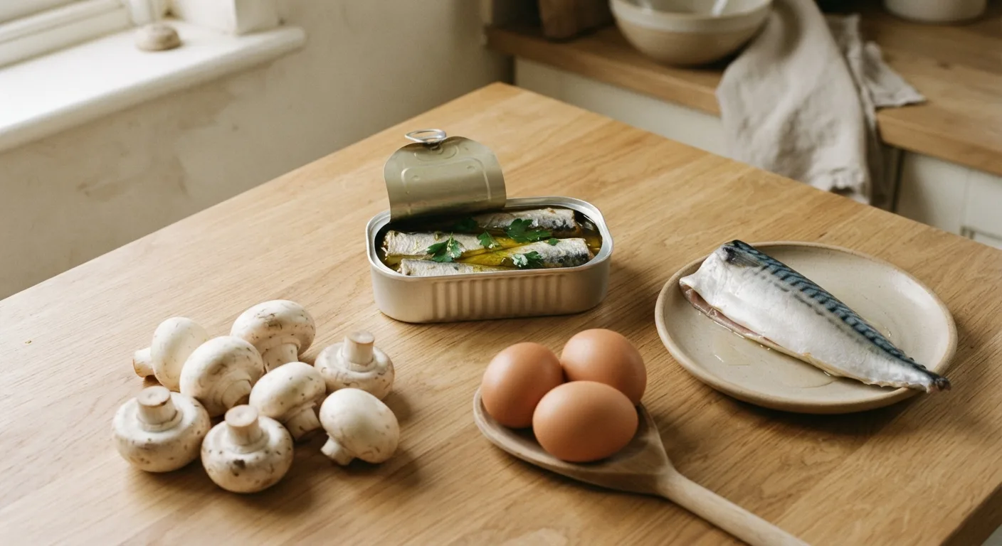 Une planche de cuisine présentant des sardines en conserve, un filet de maquereau, des œufs et des champignons