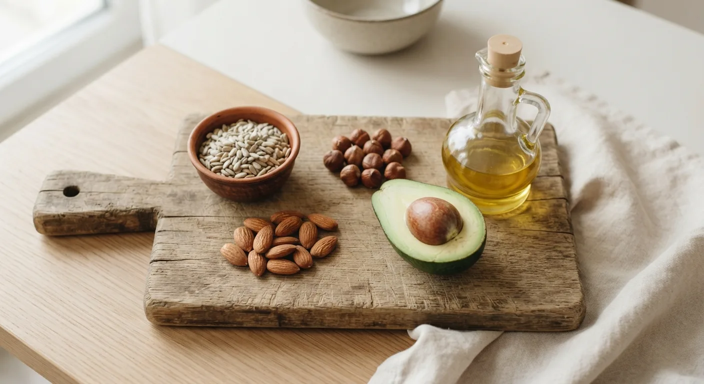 Une planche avec des amandes, des noisettes, des graines de tournesol, un demi-avocat et une bouteille d'huile