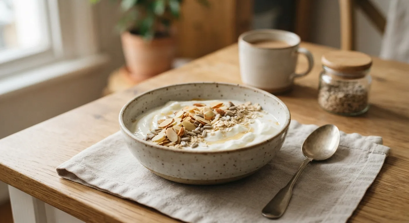 Un bol de yaourt nature garni d'amandes effilées et de graines de tournesol