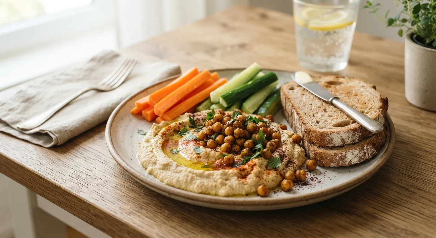 Une assiette de déjeuner avec du houmous, des crudités, des pois chiches et du pain complet