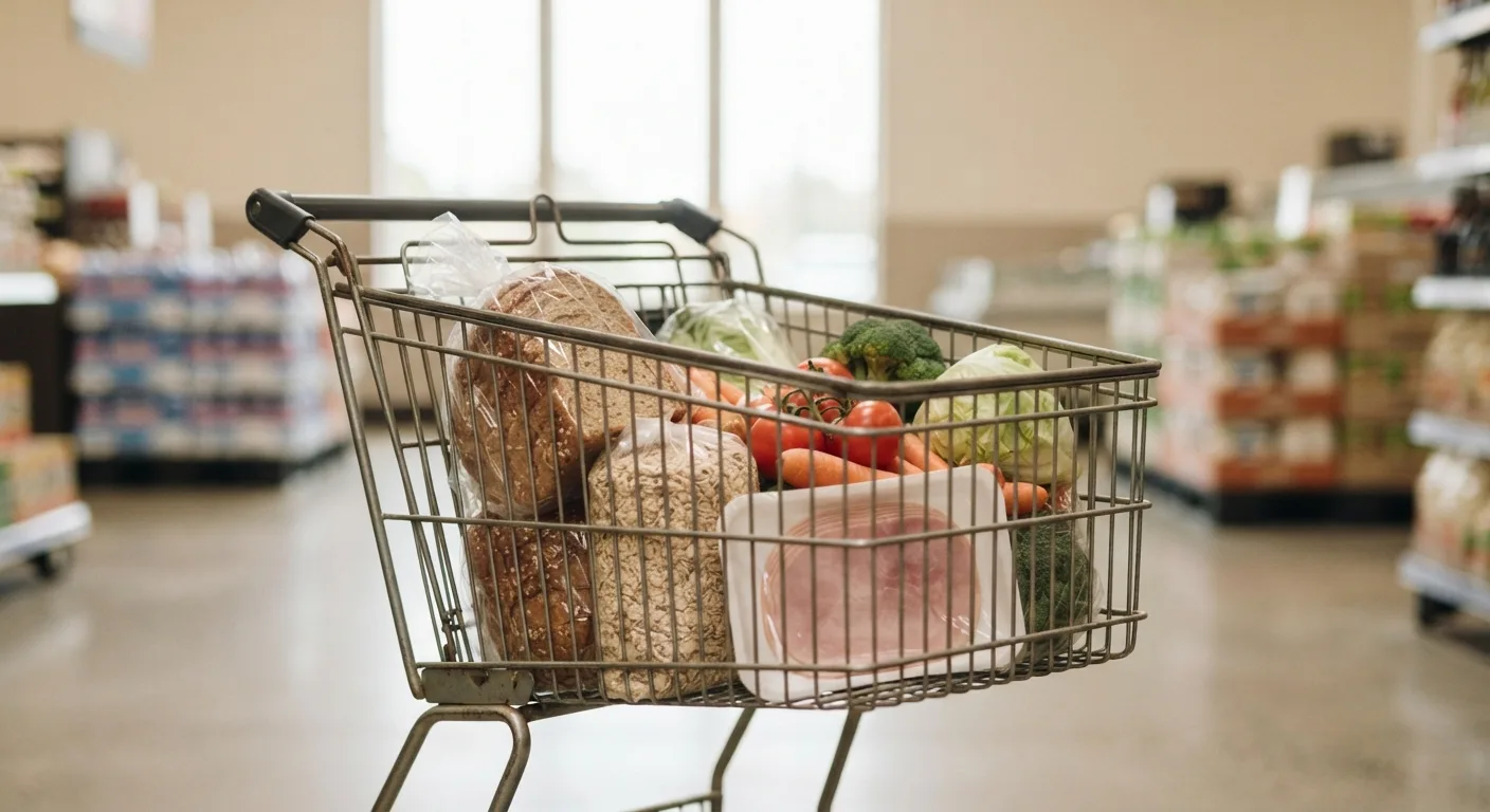Un caddie de supermarché contenant du pain complet, des flocons d'avoine et une barquette de charcuterie