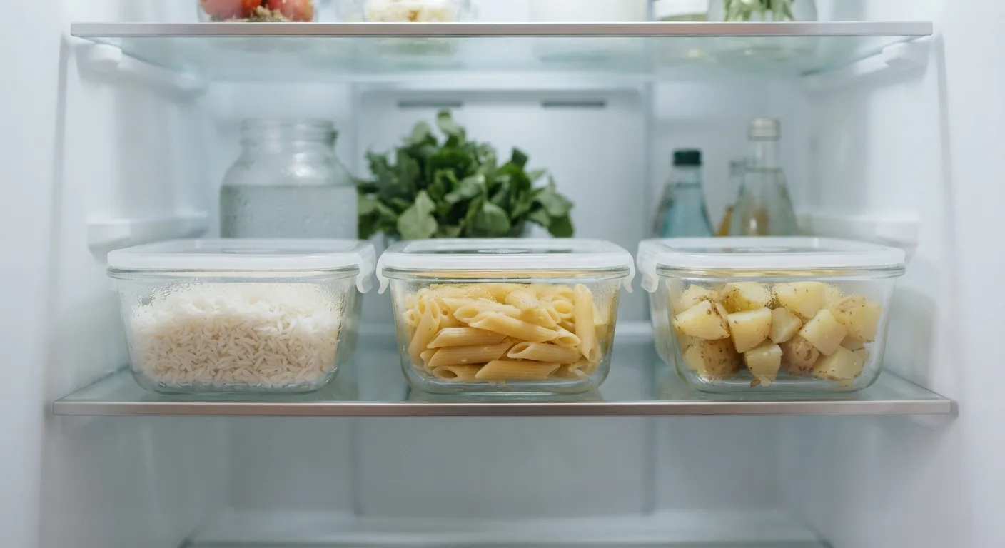 Des contenants de riz, de pâtes et de pommes de terre cuites rangés au réfrigérateur
