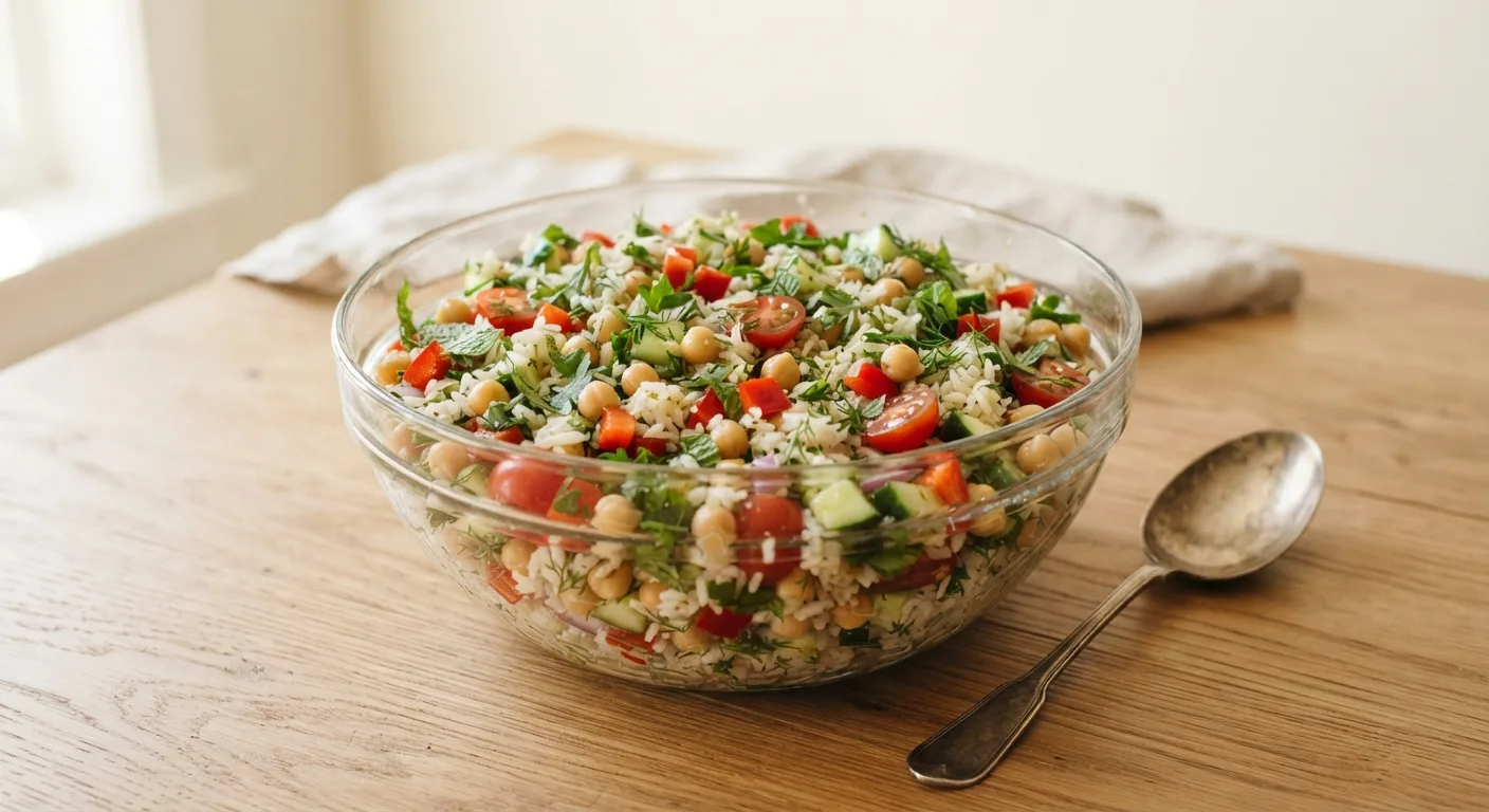 Une salade de riz refroidi aux pois chiches, légumes colorés et herbes fraîches dans un saladier en verre