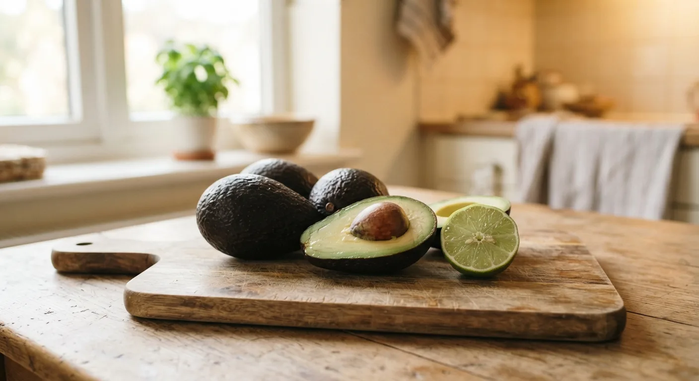 Des avocats entiers et un avocat coupé en deux avec son noyau sur une planche en bois
