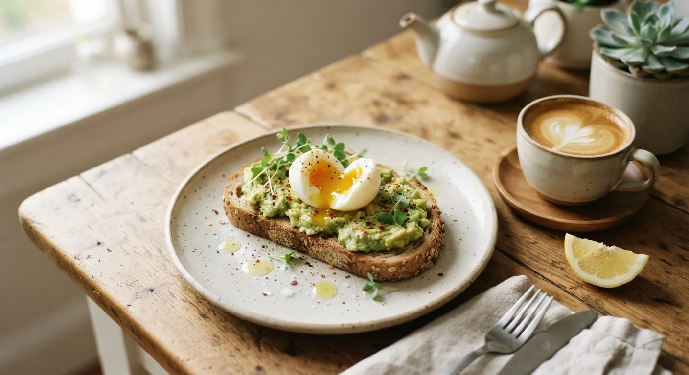 Une tartine de pain complet garnie d'avocat écrasé et d'un œuf sur une table de petit-déjeuner