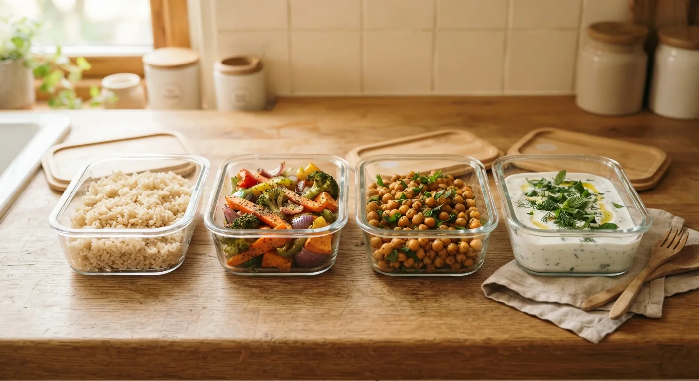Quatre boîtes en verre ouvertes sur un plan de travail contenant du riz complet, des légumes rôtis, des pois chiches et une sauce au yaourt