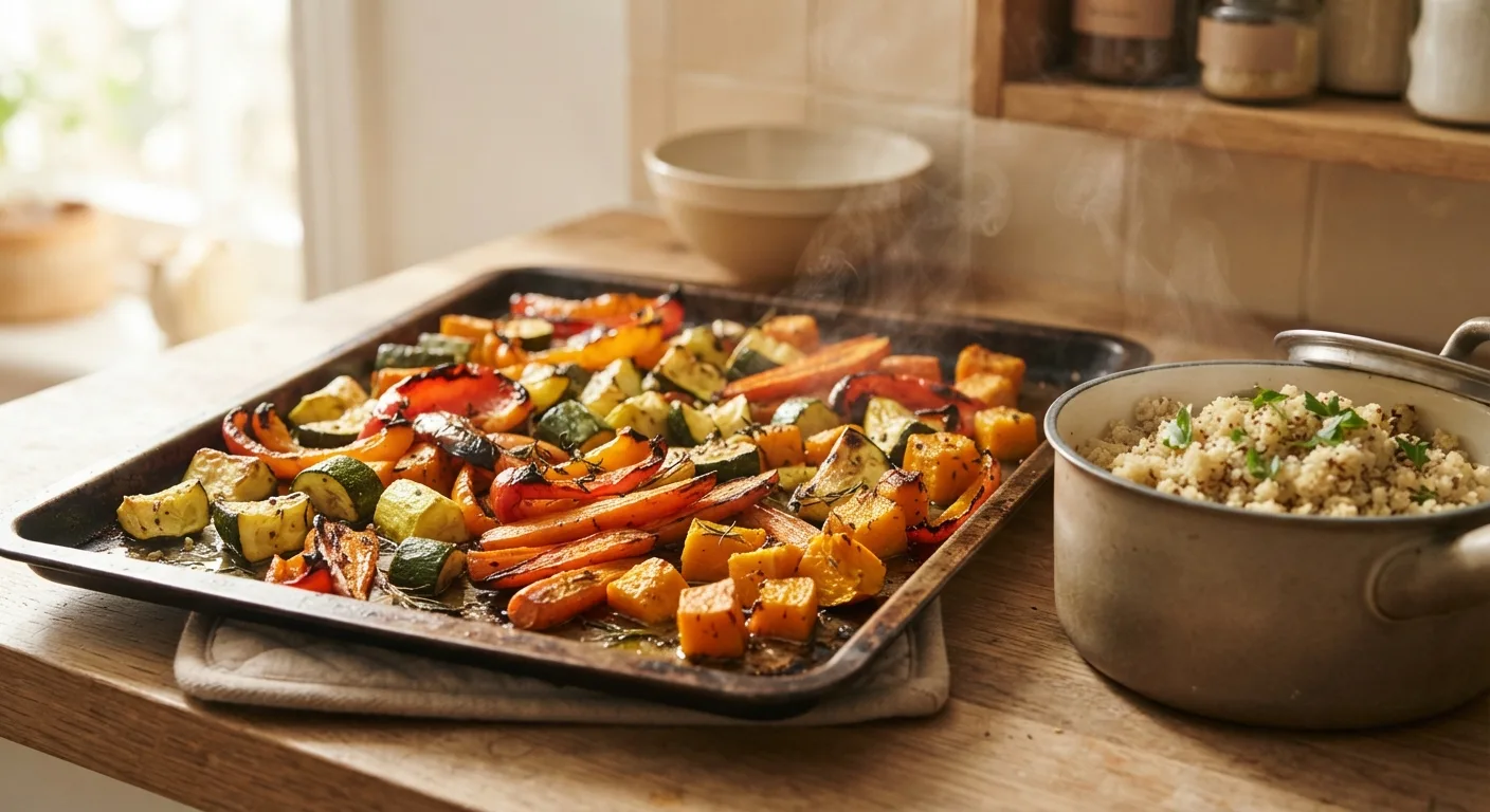 Une plaque de légumes de saison rôtis sortant du four à côté d'une casserole de quinoa