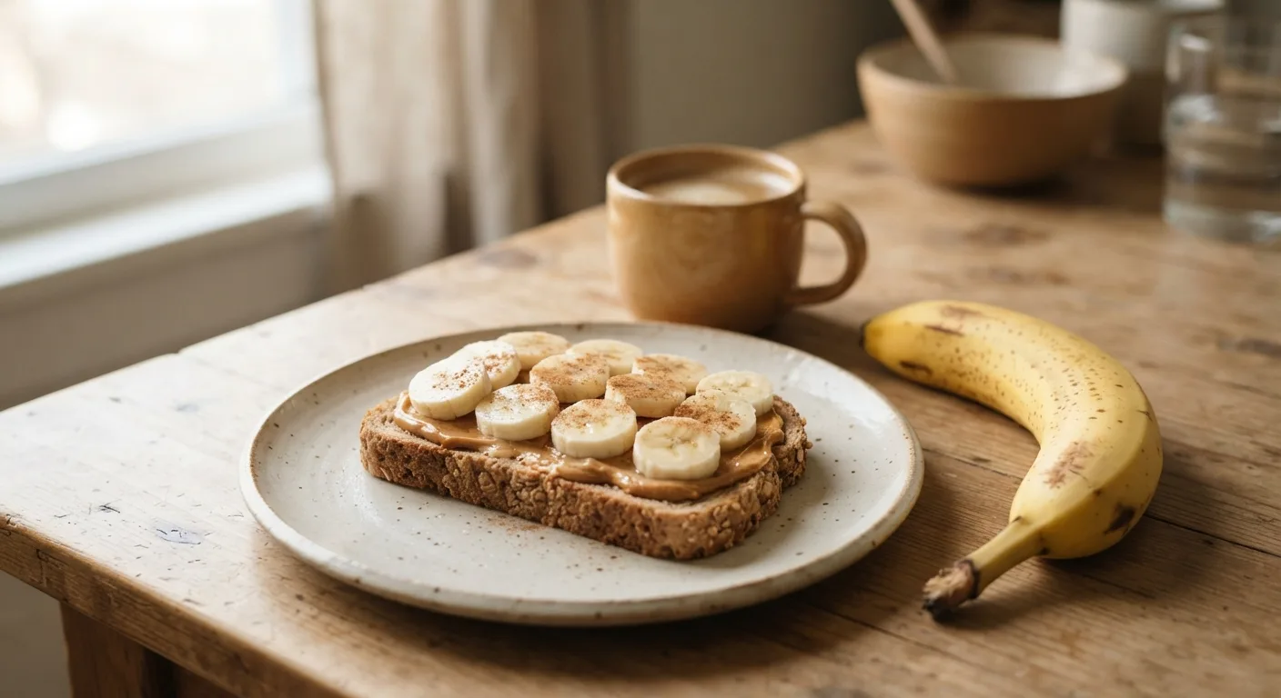 Une tartine de pain complet au beurre de cacahuète et aux rondelles de banane sur une table de petit-déjeuner