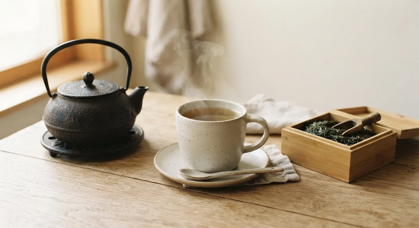 Une tasse de thé vert fraîchement infusé et une théière posées sur une table de cuisine