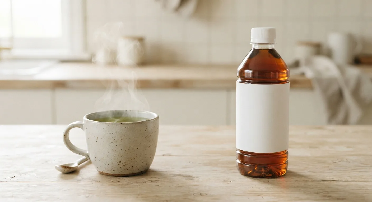 Une tasse de thé vert nature à côté d'une bouteille de thé glacé industriel