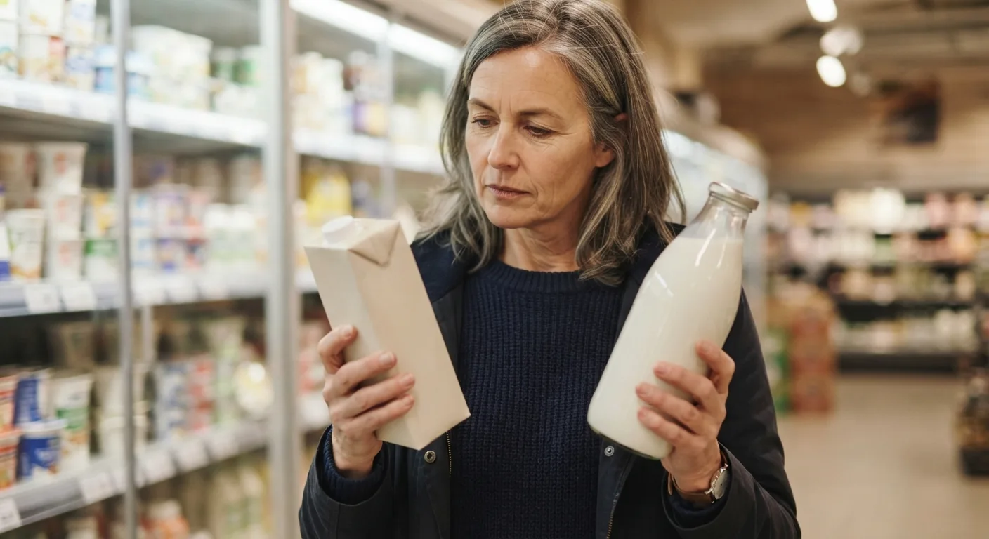 Une personne compare les étiquettes d'une brique de boisson végétale et d'une bouteille de lait dans un rayon de supermarché